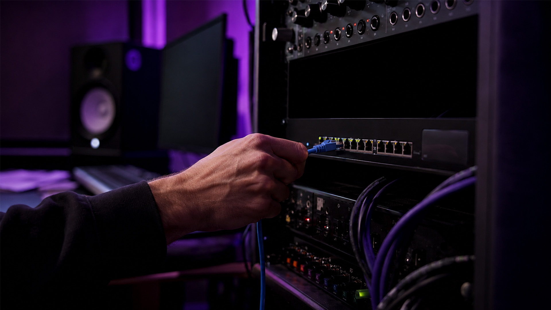A hand plugging an Ethernet cable into a network switch