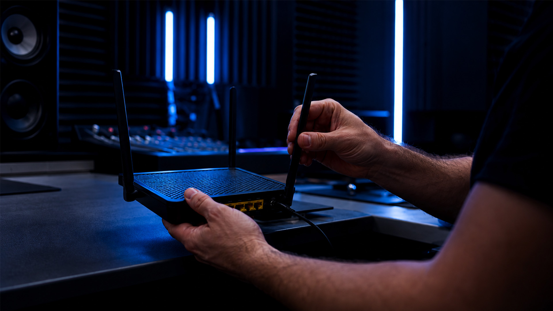 Hands adjusting an internet router's antenna in a home studio.