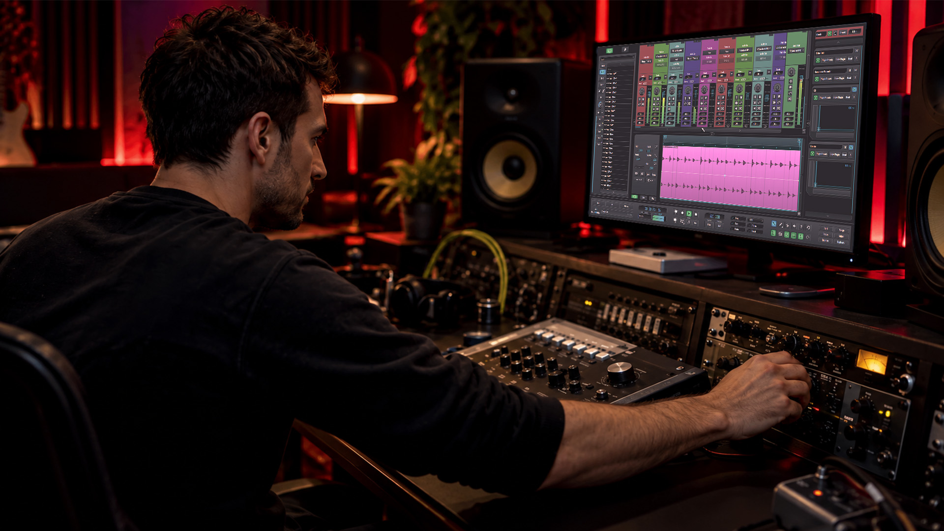 An engineer checking the true peak levels in a mastering room
