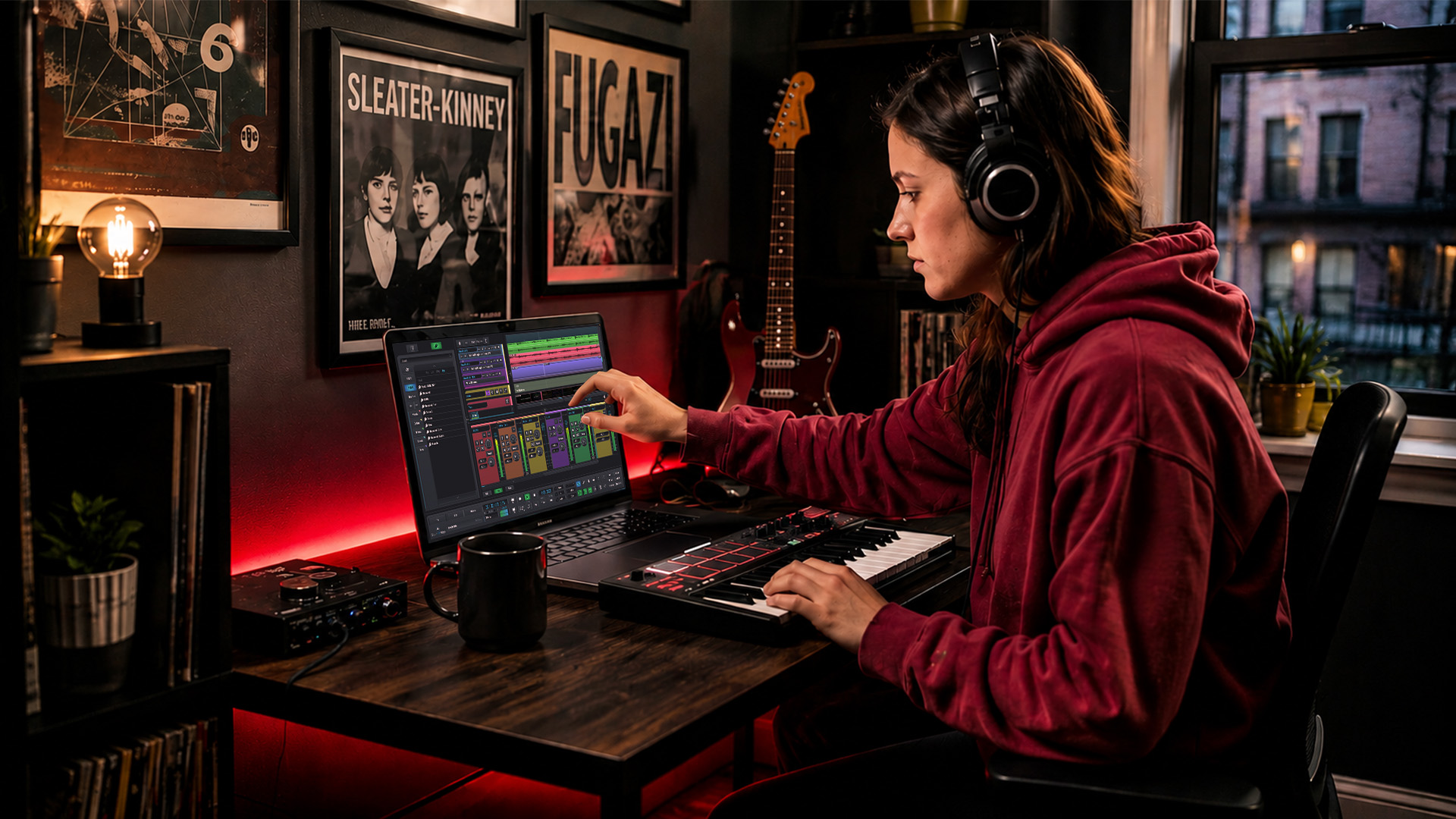 A woman editing automation in a home studio