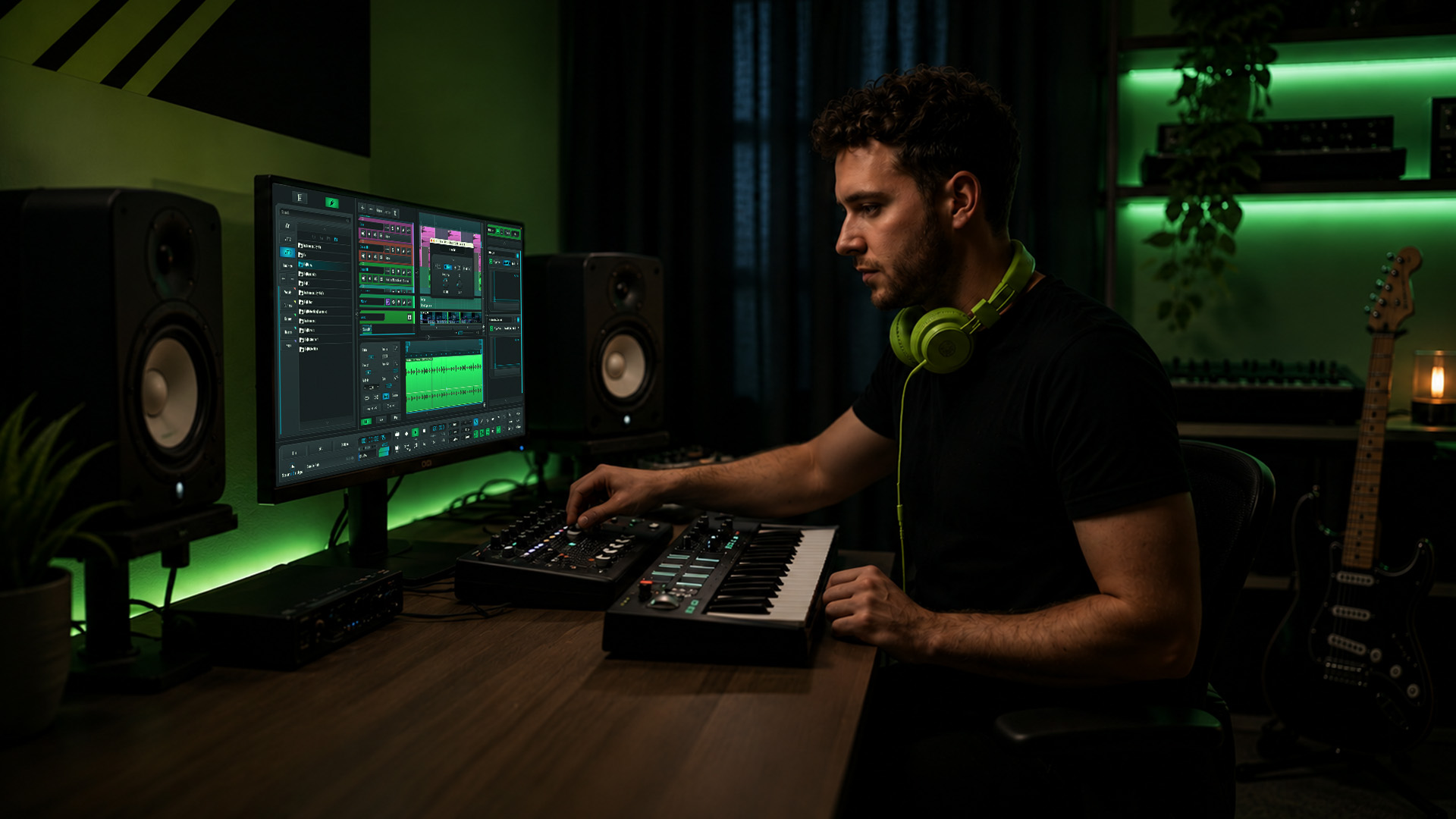 This is an image of a producer working in a home studio with a DAW