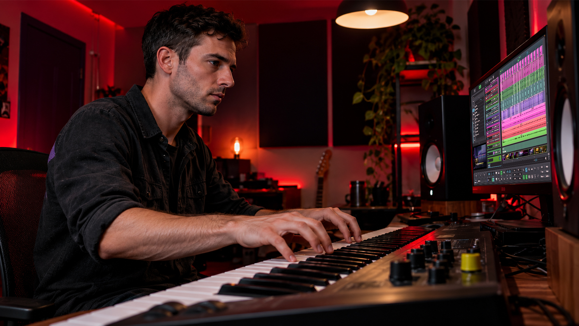 A producer playing velocity layers on a MIDI keyboard
