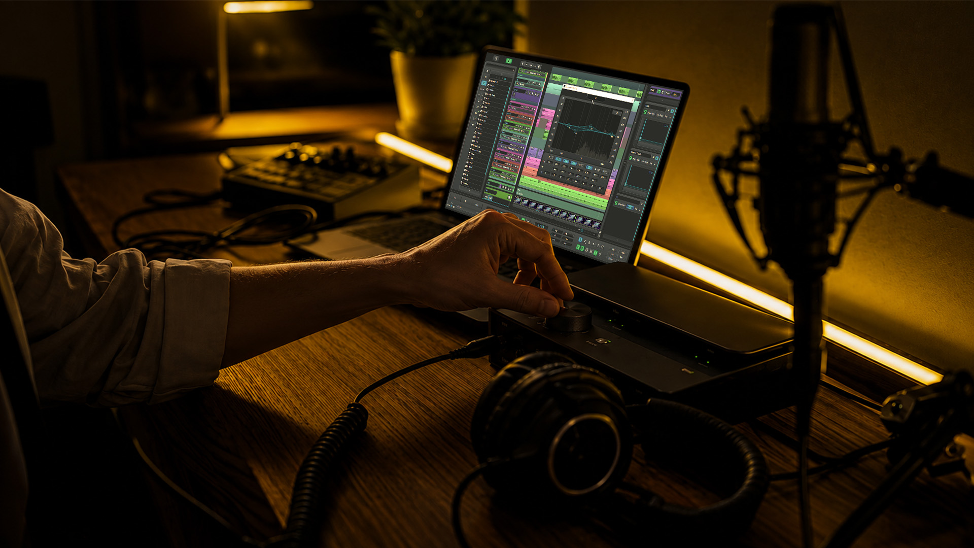 Hands adjusting audio interface knobs in a home studio