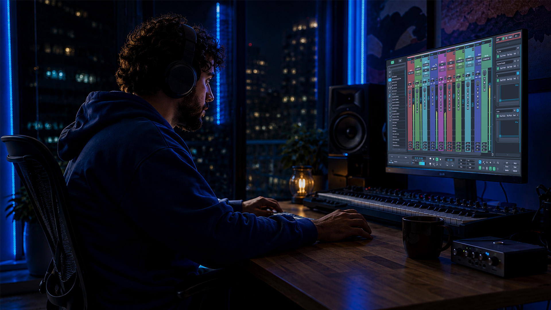 A music producer collaborating virtually at a home studio