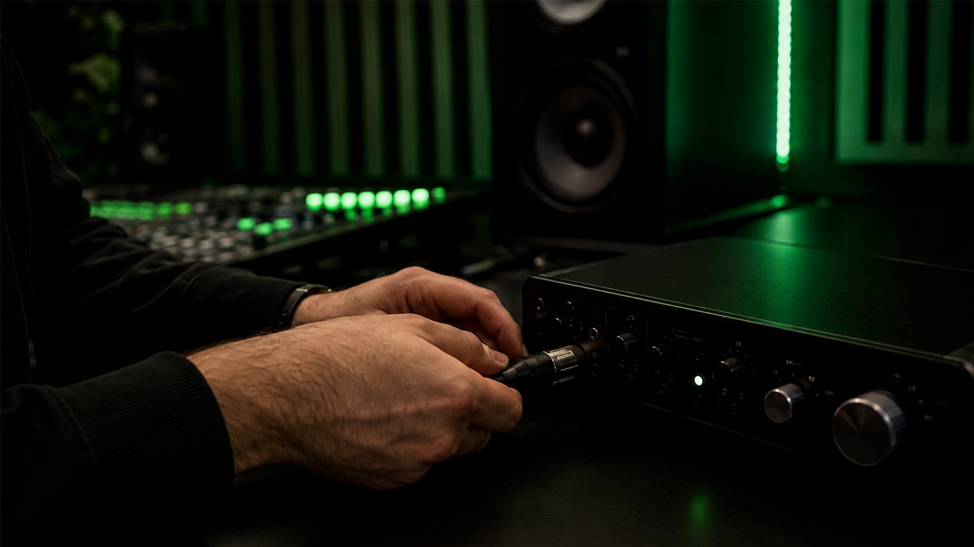 Hands connecting a cable to an audio interface