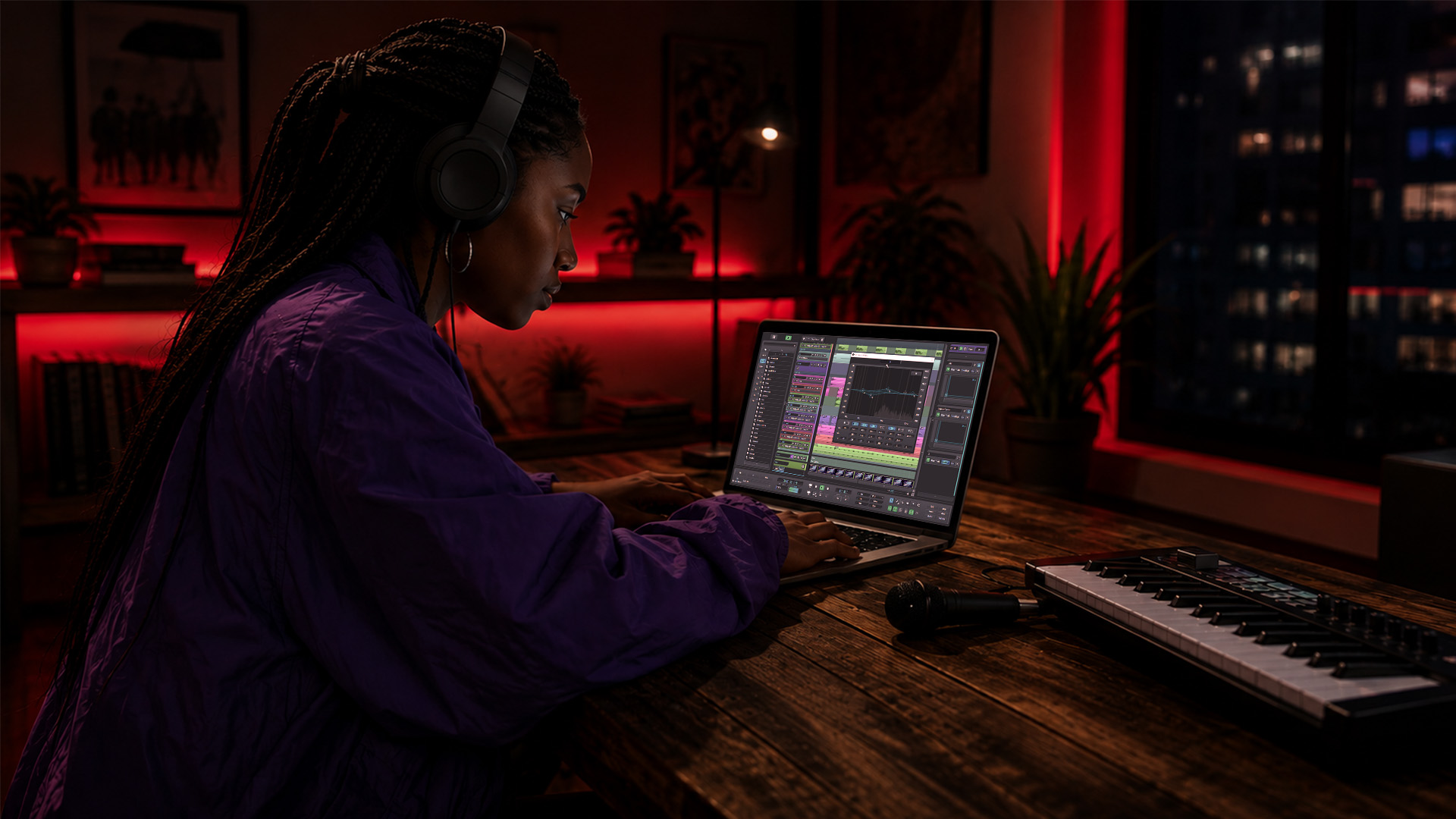 A female songwriter working in a home studio