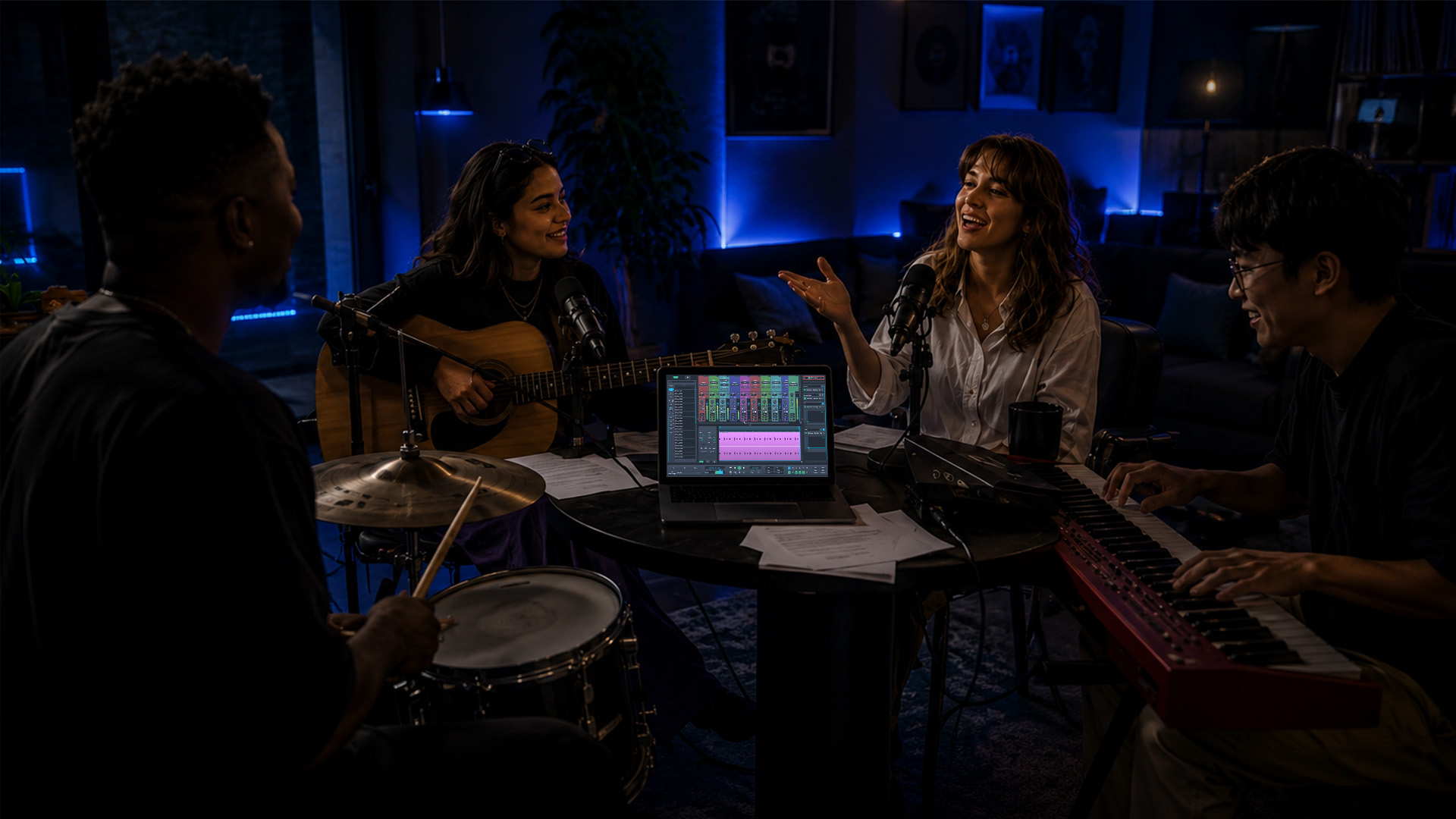 A group conducting a live virtual songwriting session