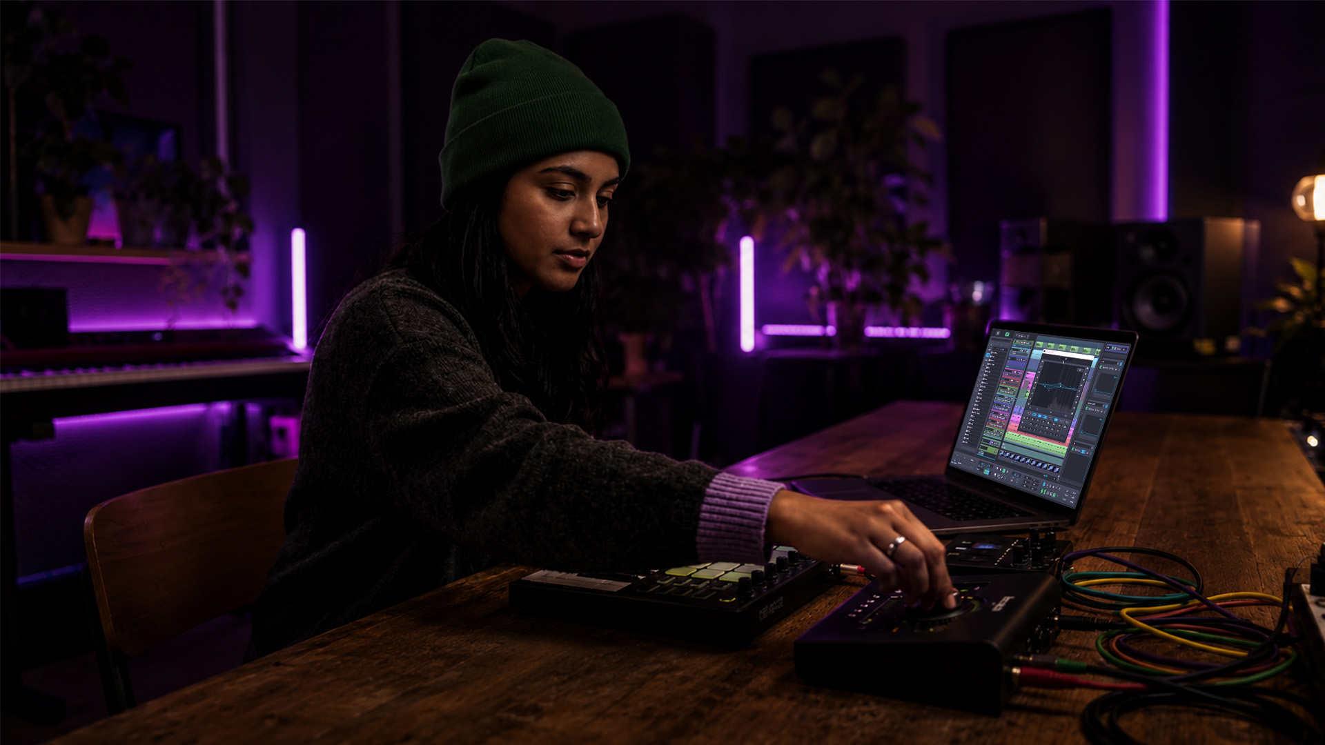 Hands using audio equipment in a home studio