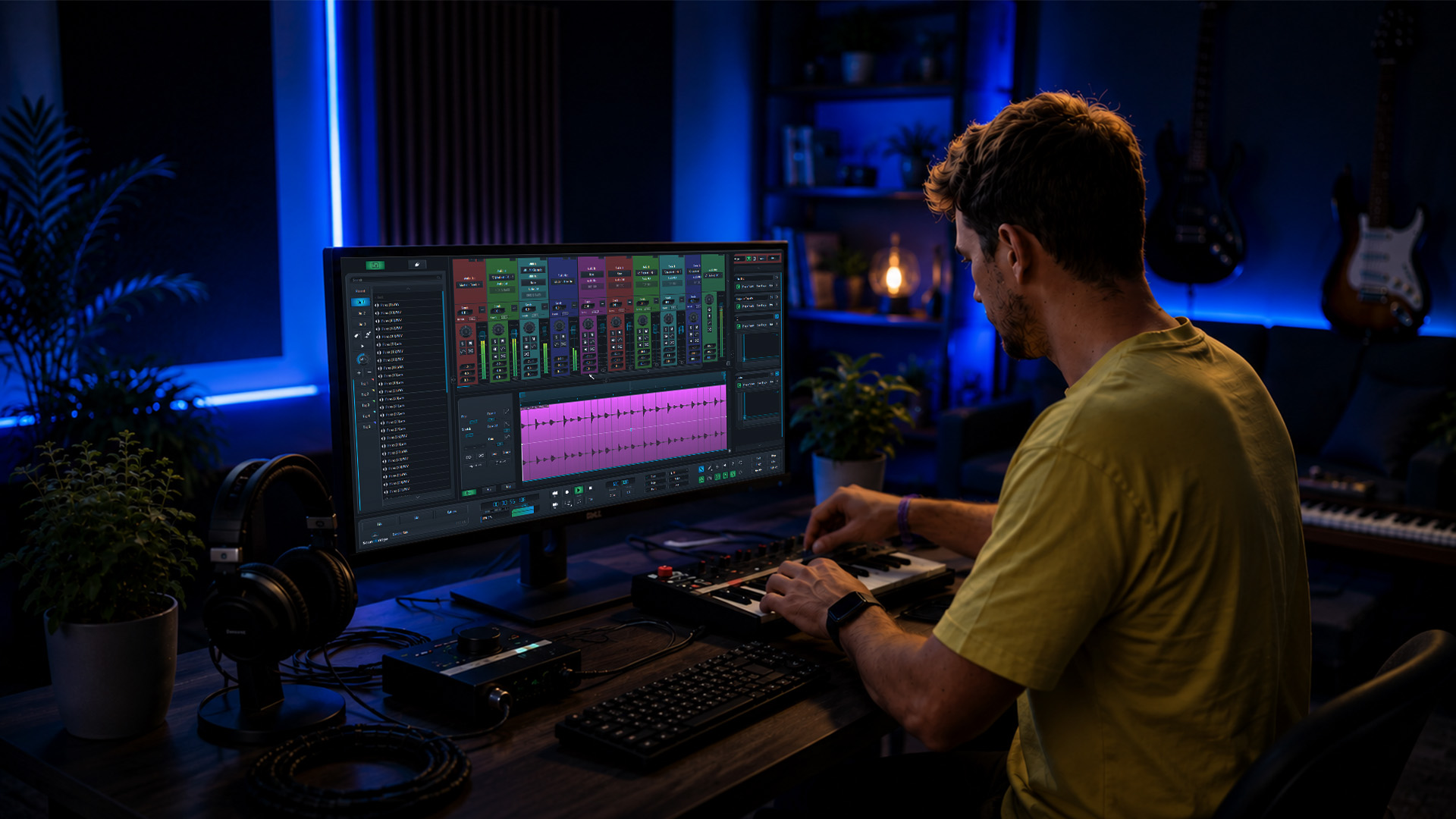 Hands adjusting a VST plugins on a desktop setup