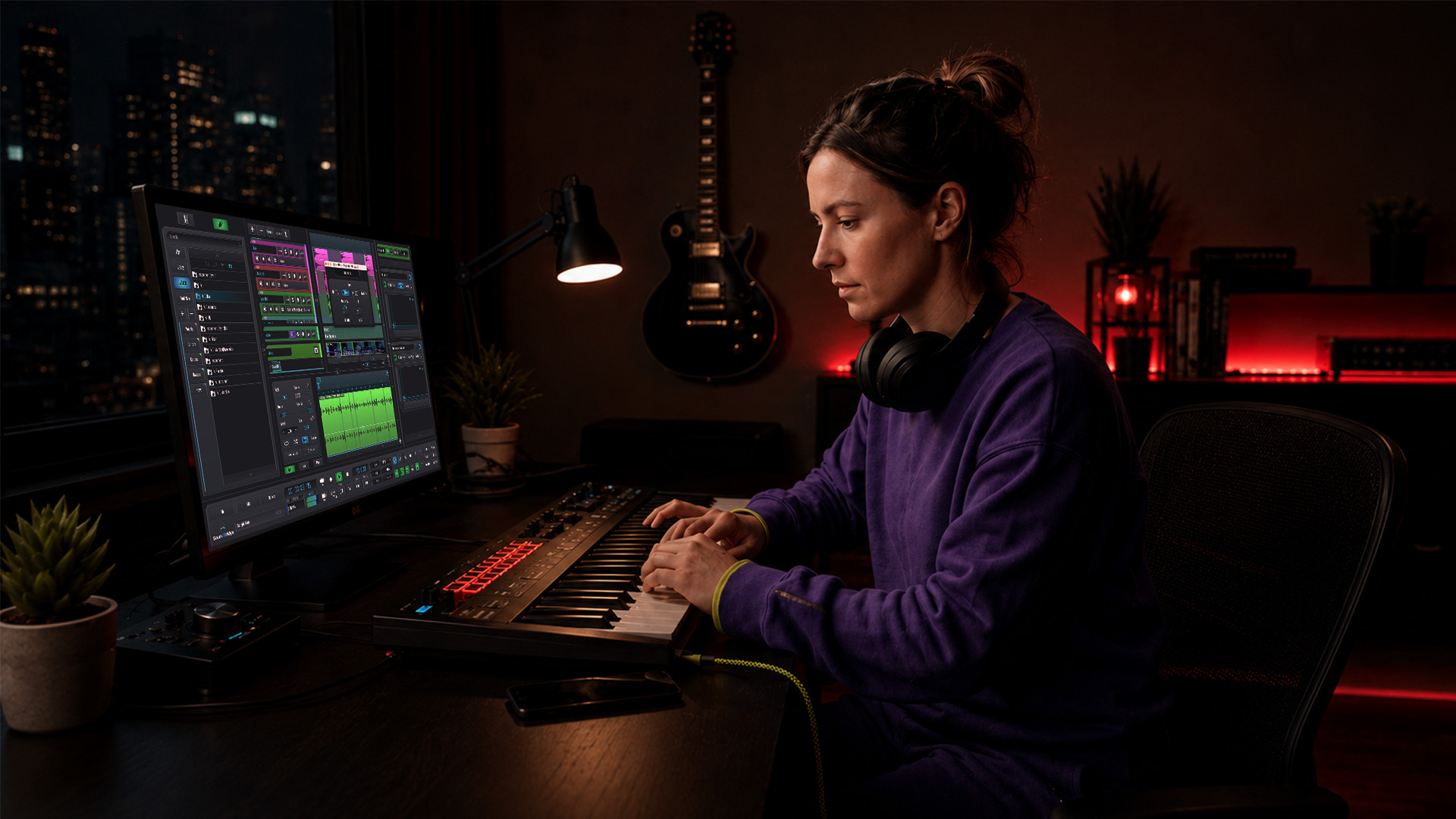 A woman editing music tracks on a computer