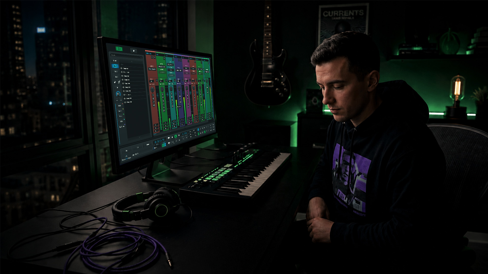 A musician working with a DAW in a home studio