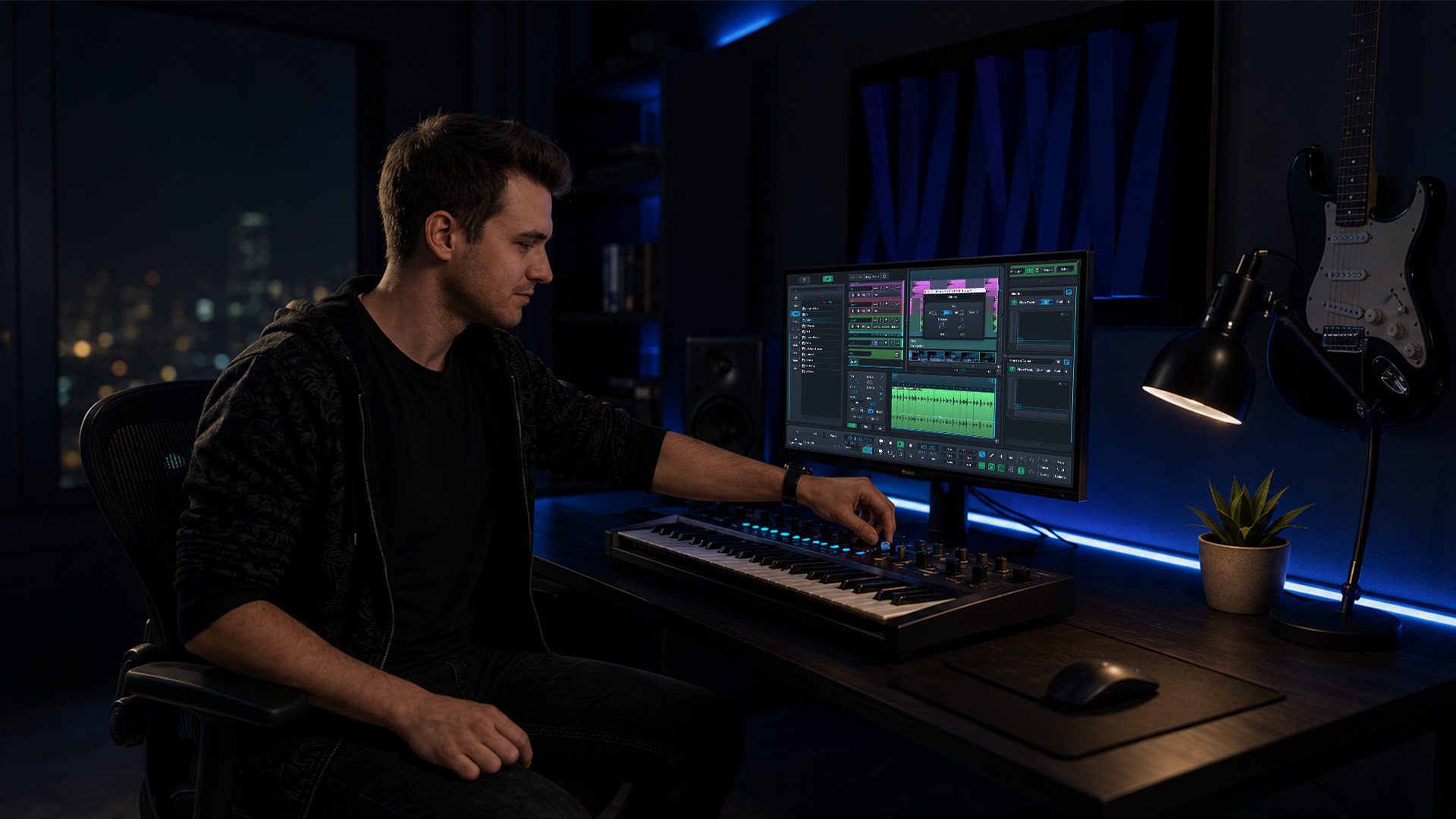 An audio producer working at a DAW setup