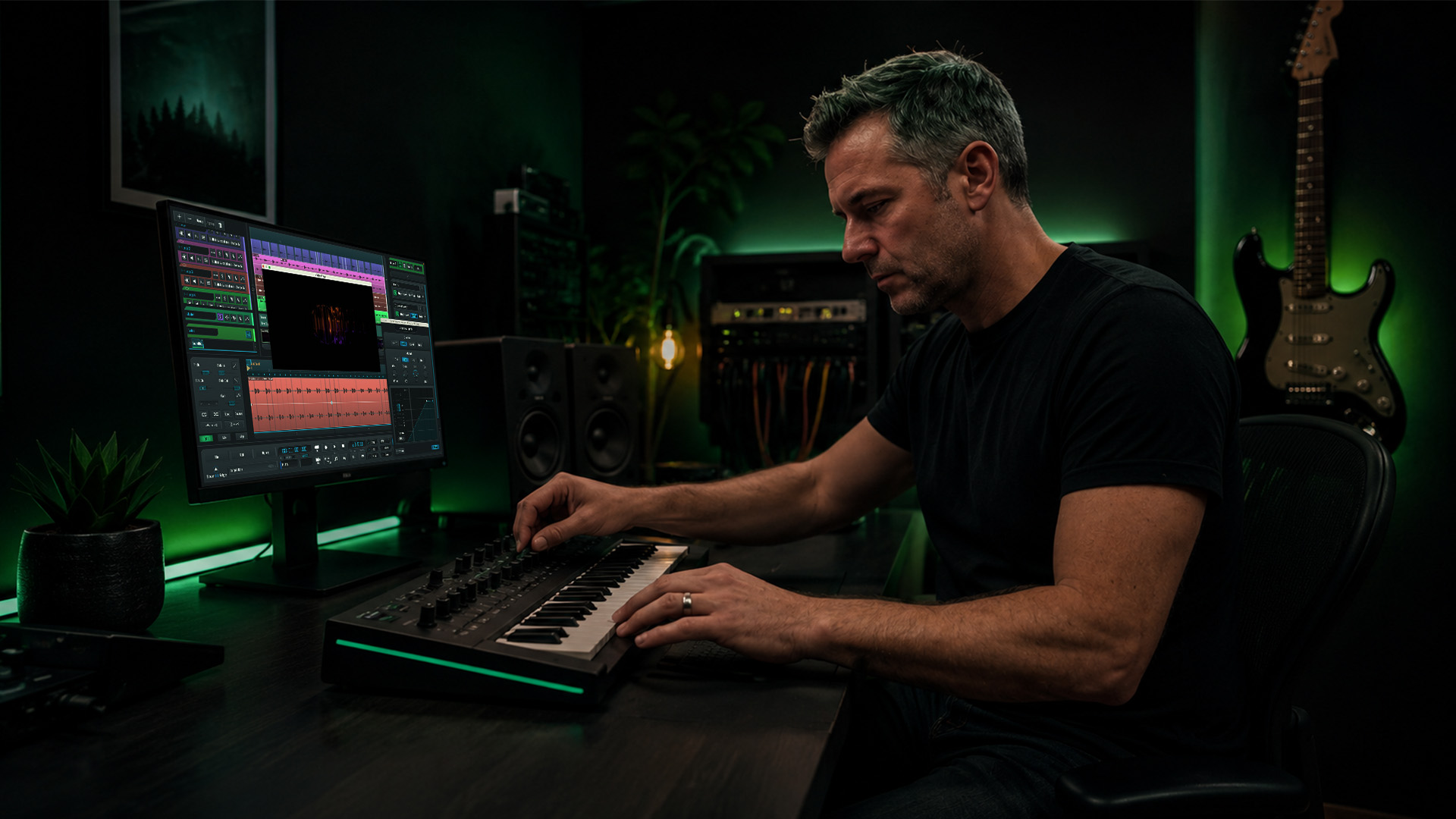 An engineer using hardware DAW controls