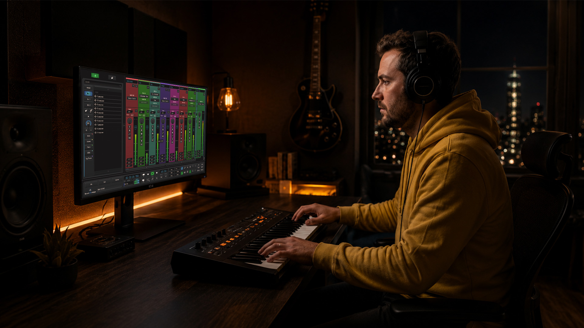An audio editor working at a home studio desk