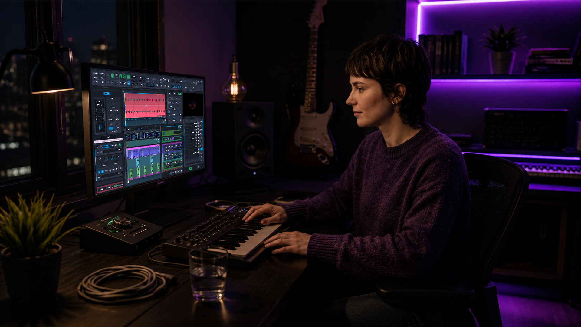 A person editing audio tracks on a computer at a table