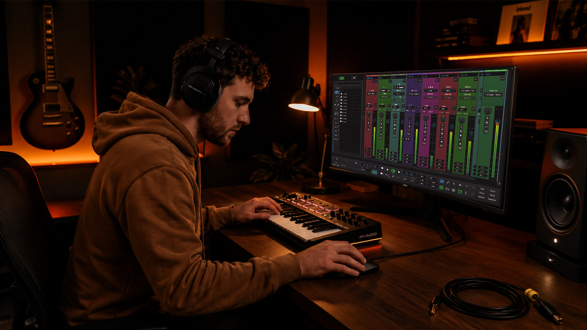 A producer editing remote audio tracks in home studio