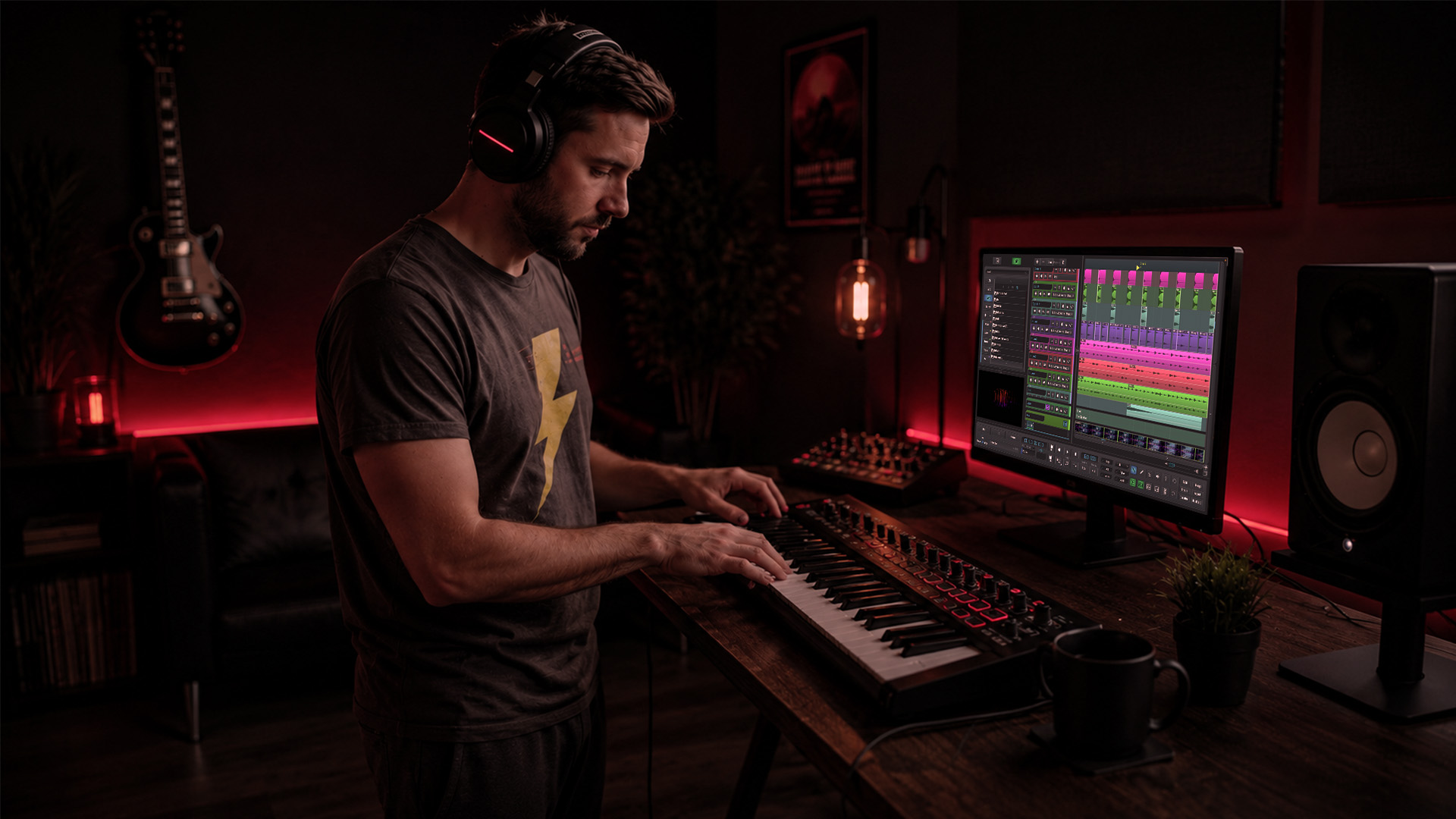 A producer using a multi-platform DAW at home