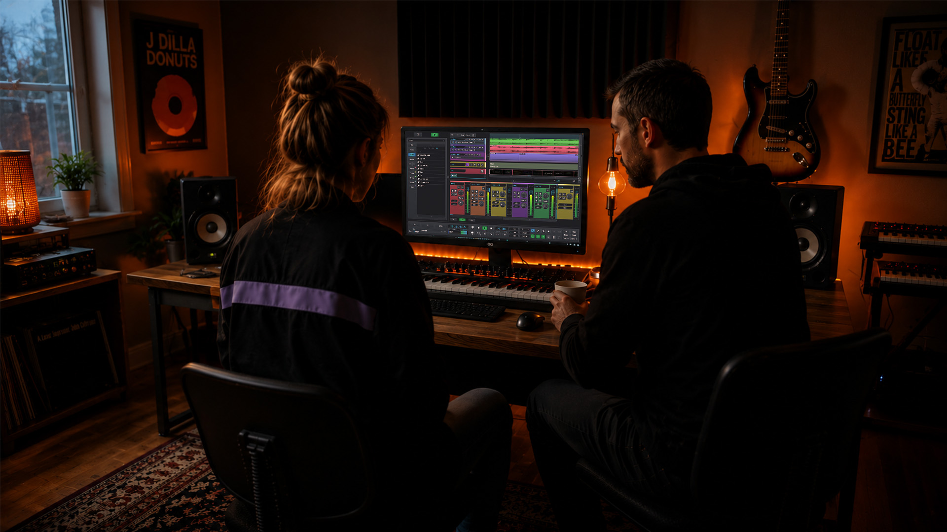 Two musicians collaborating using a DAW