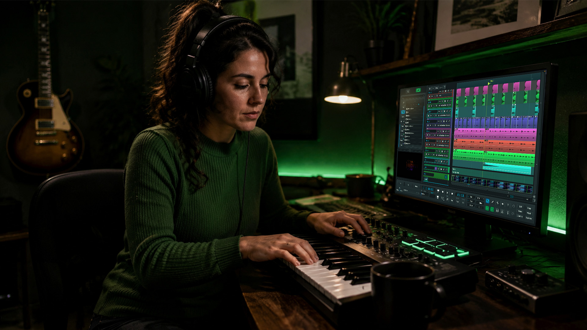 A musician working with cloud music tools in a studio