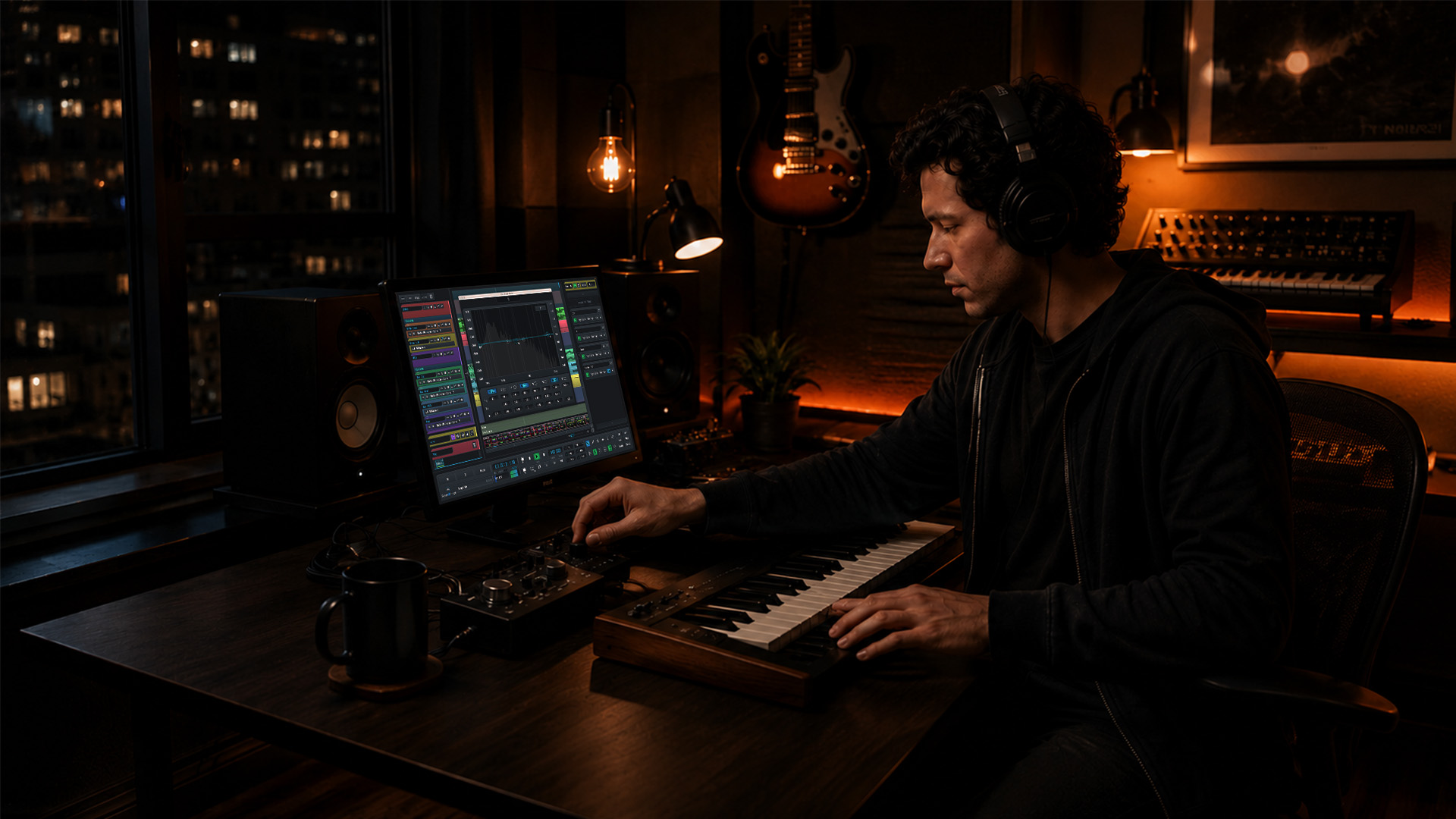 A musician working at a home studio desk