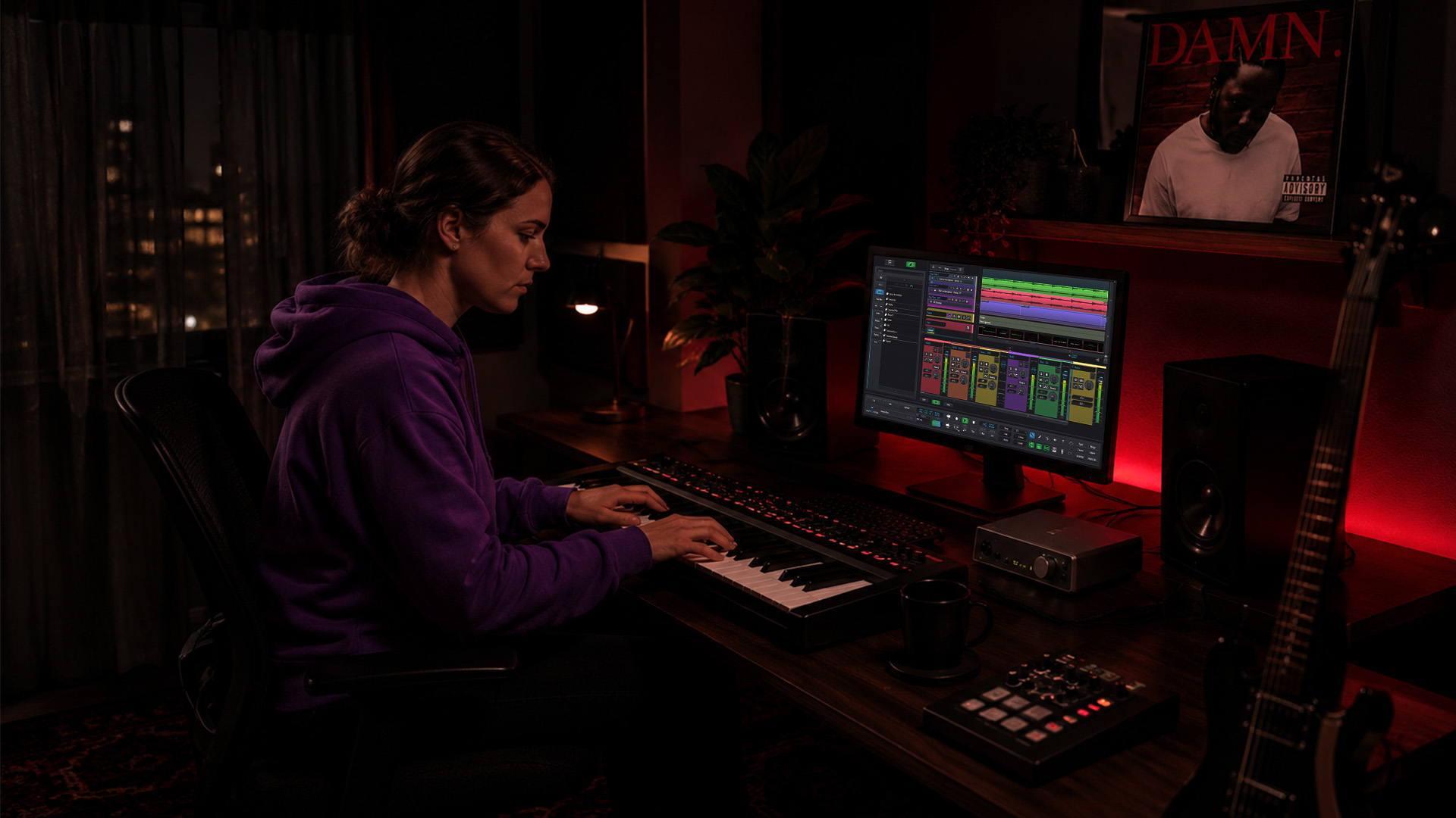A person working in a padded home studio